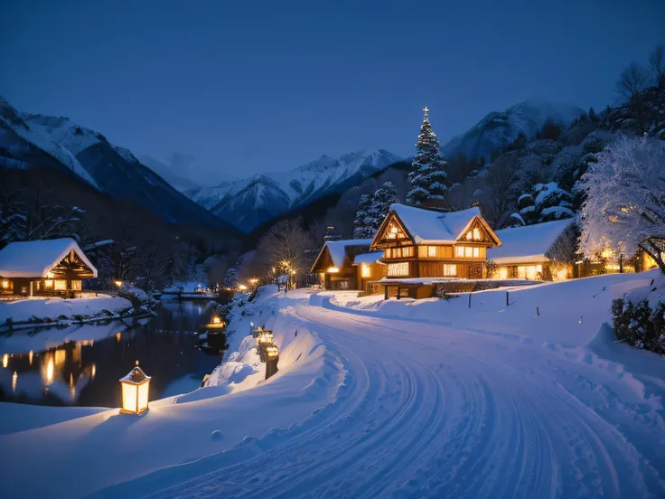 Fairy Tale Village，Village view，Lots of snow on the ground, magical village, well-lit building, Snowy winter, natta, blanketed in a mantle of snow, quaint village, snowy night, winter setting, Suffocating, very magical and dreamy, Shirakawa-go, jpn, It wil...