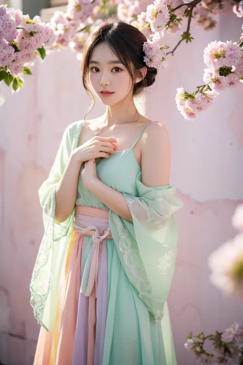 dried flower、Japan Beautiful Girls。Produces high-quality female images with an innovative artistic atmosphere that stands out in pastel colors。She has her own fashion style、Dressed in glamorous and soft pastel costumes。Against the background of a fantastic...