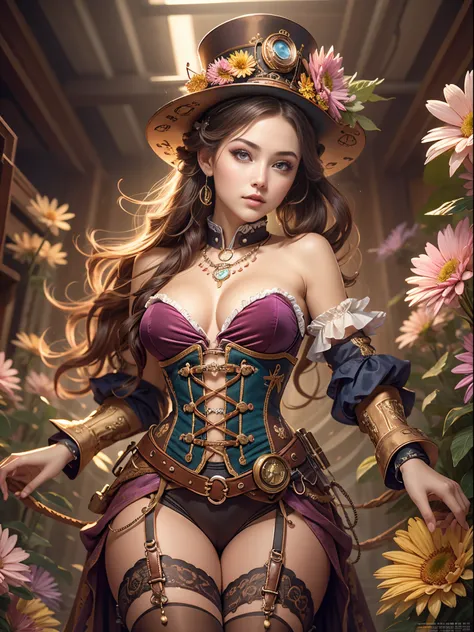 top-quality，Super masterpiece，Ultra-detailed high resolution，（Vivid：1.4），RAW Photos，，illustartion，1girl in，（solo exhibition：1.2），（cowboy lens：1.2），（Hair crown：1.2），traditional steampunk costume, intricate steampunk top hat，Strapless，（Red Eyeliner：1.2），（Bla...