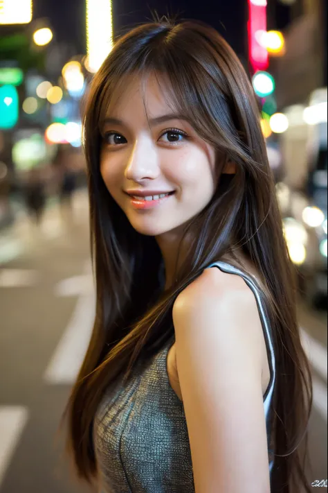 (photorealistic:1.4),(detailed eyes:1.3),(realistic, photo-realistic:1.37),(Medium view:1.5),(Half body),1girl,best quality,ultra-high res,Tokyo street,Vest,long Colour hair,waist,Smile,Slim,Night,