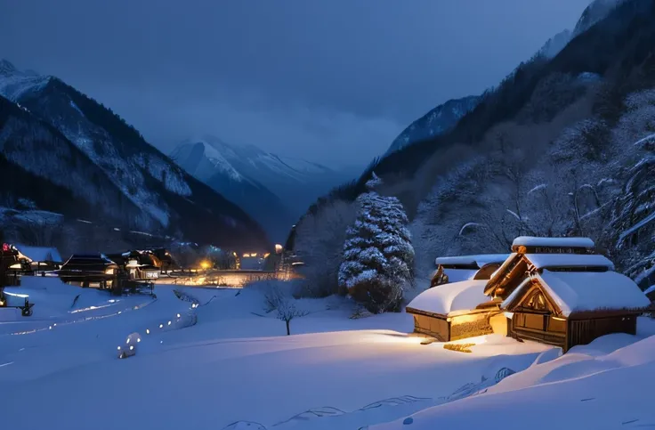 Fairy Tale Village，Village view，Lots of snow on the ground, magical village, well-lit building, Snowy winter, natta, blanketed in a mantle of snow, quaint village, snowy night, winter setting, Suffocating, very magical and dreamy, Shirakawa-go, jpn, It wil...