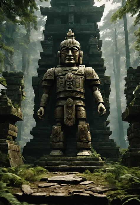 There  a stone statue in the middle of the forest, stone eyes, still from the aztec robot movie, Freddy Mamani Sylvain front view, CG games, Movie Promotional Image, large temples, face shown, In the shrine, Check the ruins