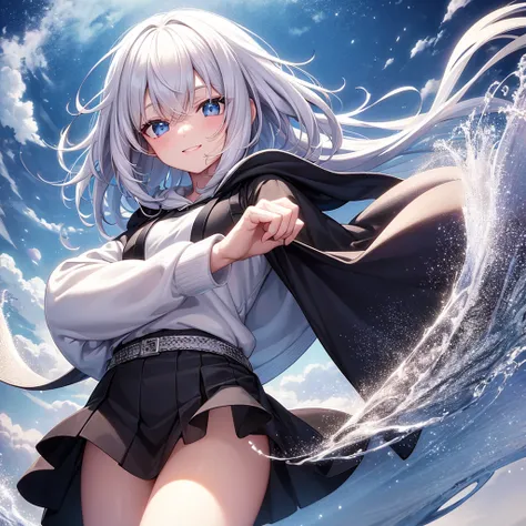 Ultra-high image quality,Look at viewers, hands behind back, girl with, 20 years old, Very short hair, long bangs between eyes, pale blue eyes, Hoodie, Skirt , Extremely detailed,(​masterpiece、top-quality)、report、White hair、A smile、White skin as clear as s...