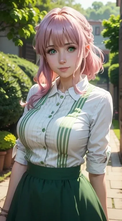 cute girl,big sized boobs, green colour clothes, white apron, green eyes and pink hair, short skirt, ultra realistic eyes , sunl...