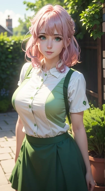 Cute girl,big sized boobs, green colour clothes, white apron, green eyes and pink hair, short skirt, ultra realistic eyes , sunlight and garden background, bright purple eyes, ultra realistic detailed eyes, innocent eyes, looking at camera, beautiful smile...