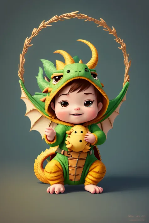 There&#39;s a baby in a dragon costume holding a stuffed animal, lovely digital painting, Cute characters, cute little dragon, Cute and detailed digital art, adorable digital art, Lovely detailed artwork, adolable, cute character, Cute 3d rendering, Animat...