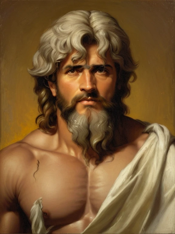 uma pintura de um homem com barba e pano branco, Retrato de Zeus, portrait of demigod hercules, Retrato pintado de Zeus acidentado, Retrato Zeus, Retrato de Hades, Hefesto, Retrato de Zeus acidentado, Toga romana., portrait of aristotle, Nicodemos, stoic f...