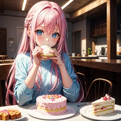 A girl with pink hair and light blue eyes、I&#39;m stuffing my mouth with cake