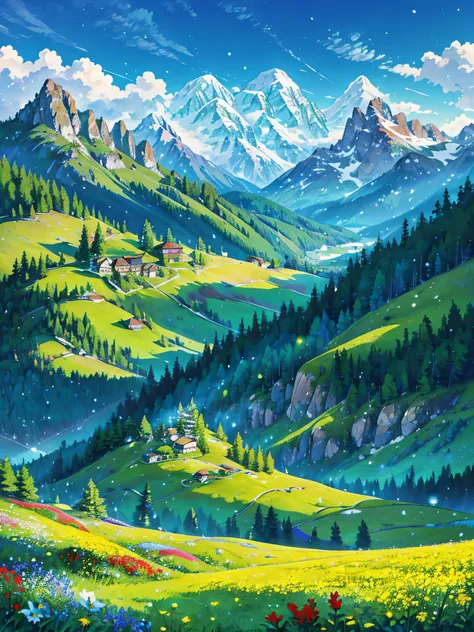 In a remote alpine meadow, Olette&#39;Discover stunning natural canvases. Verdant fields stretch to the horizon, Surrounded by towering mountain peaks，Covered with sparkling ivory snow. among the green shade, Olette&#39;Vibrant crimson wildflowers will be ...