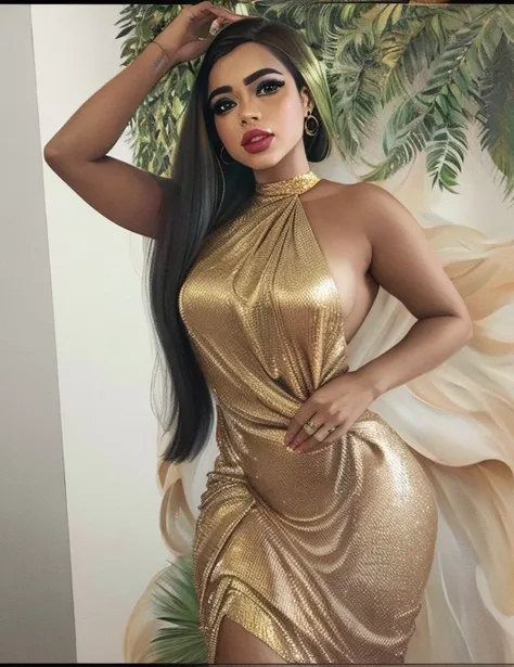 mulher araffe em um vestido dourado posando para uma foto, totalmente vestido. pintura de sexy, extremely high quality artwork, muito realista, very realistic, fotorrealista!!!!!!! estilo de arte, Draped in shiny golden oil, muito muito realista, Ayahausca...