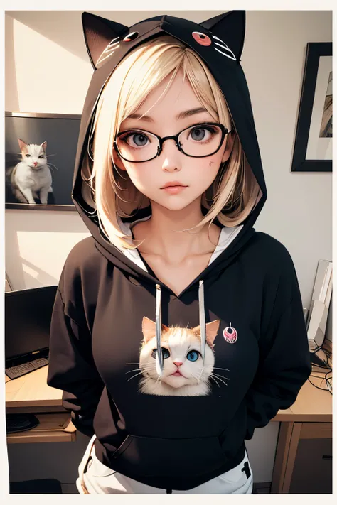 (masutepiece, Best Quality), 1girl in, Beautiful face,  Cat Hoodie,  Glasses,