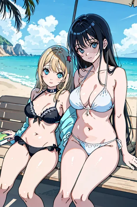 2meninas, anime image of two girls in bikinis sitting on a bench, na praia, na praia, em uma praia ensolarada, em uma praia, duas lindas garotas de anime, em uma praia, Realistic bikini, encalhe, garotas de anime, foto de praia, on seashore, Relaxando na p...