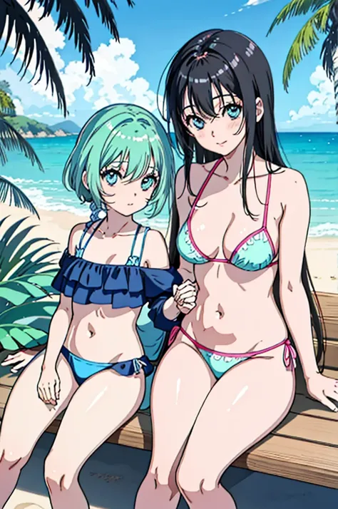 2meninas, anime image of two girls in bikinis sitting on a bench, na praia, na praia, em uma praia ensolarada, em uma praia, duas lindas garotas de anime, em uma praia, Realistic bikini, encalhe, garotas de anime, foto de praia, on seashore, Relaxando na p...