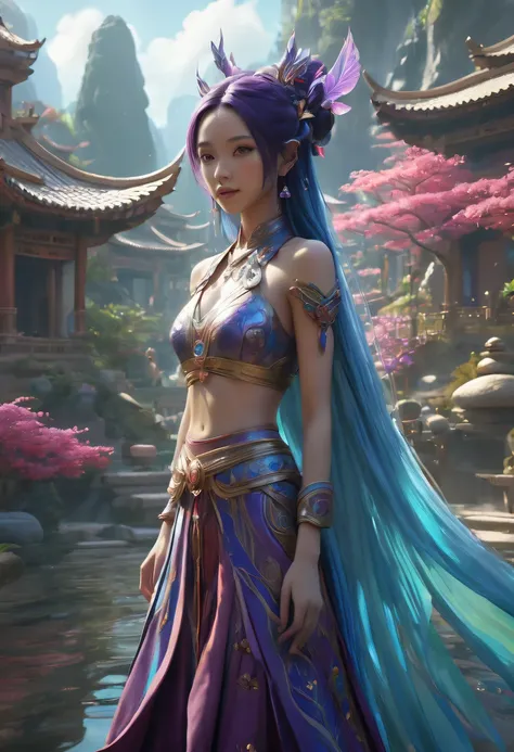 avatar village，《head portrait》girl in a , A princess，8K, Asian women，water elemental, Fantasy style，8K，Octagonal rendering,，avatar village，Movie scene agile world. purple and blue colored，Colorful, Fairy Kingdom Forest, Bustling magic town, magical village...