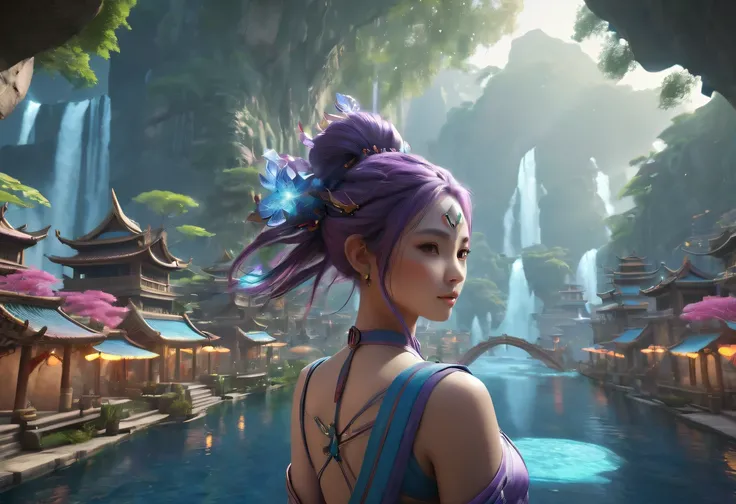 avatar village，《head portrait》In katara, Maya 8K, Asian woman water element, Fantasy style 8k octane rendering,，avatar village，Movie scene agile world. purple and blue colored，Colorful, Fairy Kingdom Forest, Bustling magic town, magical village, Fantasy To...