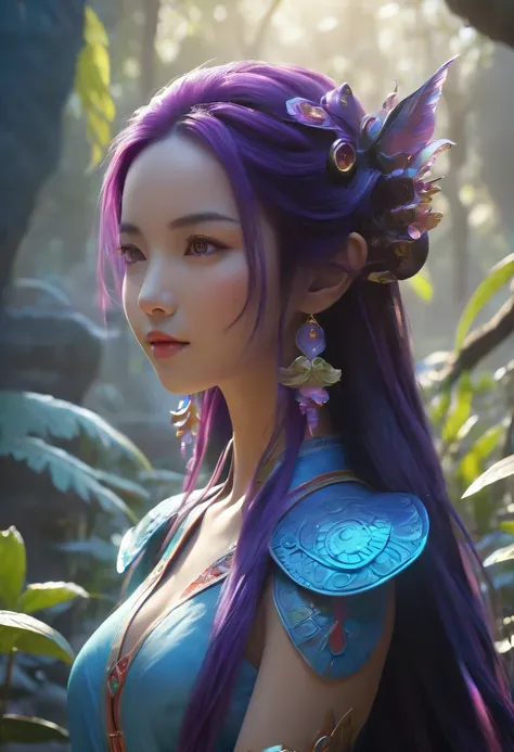 avatar village，《head portrait》In katara, Maya 8K, Asian woman water element, Fantasy style 8k octane rendering,，avatar village，Movie scene agile world. purple and blue colored，Colorful, Fairy Kingdom Forest, Bustling magic town, magical village, Fantasy To...