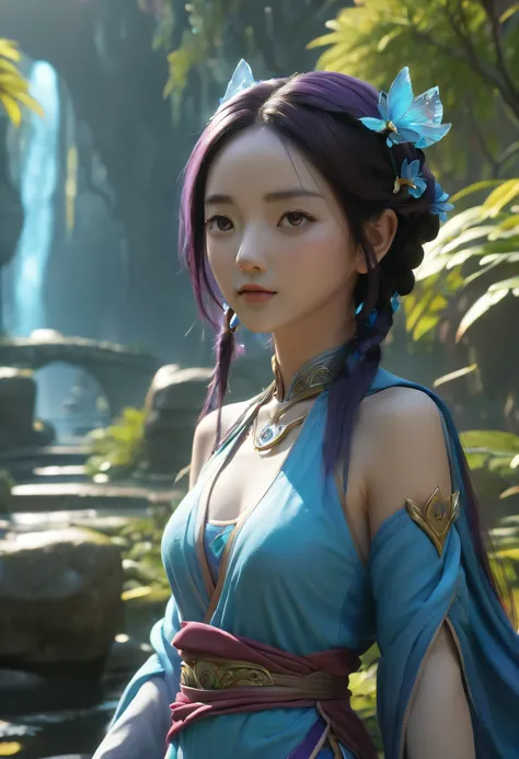 avatar village，《head portrait》In katara, Maya 8K, Asian woman water element, Fantasy style 8k octane rendering,，avatar village，Movie scene agile world. purple and blue colored，Colorful, Fairy Kingdom Forest, Bustling magic town, magical village, Fantasy To...