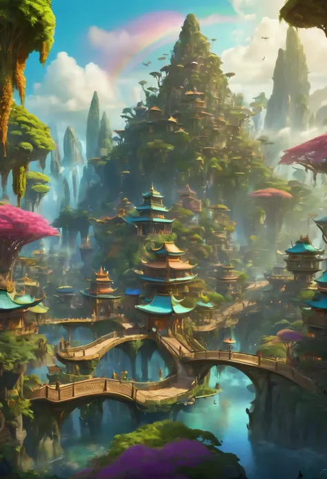 avatar village，Movie scene agile world. Colorful, Fairy Kingdom Forest, Bustling magic town, magical village, Fantasy Town, Magical fantasy  very detailed,  Oriental Fantasy Town, intricate rainbow environment, enchanted magical fantasy forest, Whimsical f...