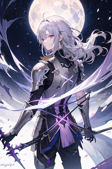 highres,high quality,best quality,detailed,1boy,solo,standing,fantasy,white background, background, character design,tachi-e,gray hair,medium hair,wavy hair, purple eyes,knight, slightly armor,back tied hair tail,