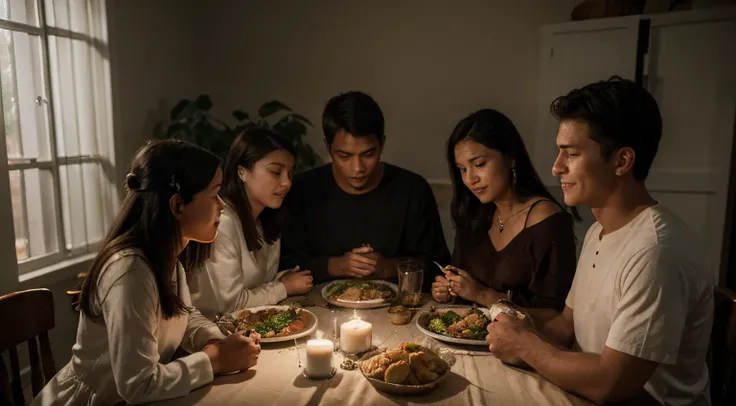 A Christian family gathered around a dinner table, praying before a meal, a moment of shared gratitude and love, ambient candlelight casting soft shadows, capturing the essence of familial bonds, Photography, Nikon D850 with a 35mm lens, f/1.8 aperture, --...