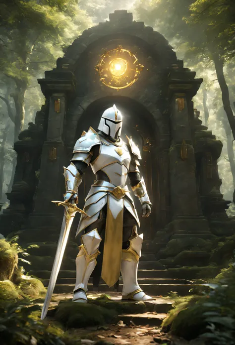 There  a stone temple in the middle of the forest，Check the ruins，There  a powerful magic swordsman holding a magic sword at the door..，Detailed white shining armor, Detailed white helmet, Detailed Great White Sword, The mysterious golden gem on the armor，...