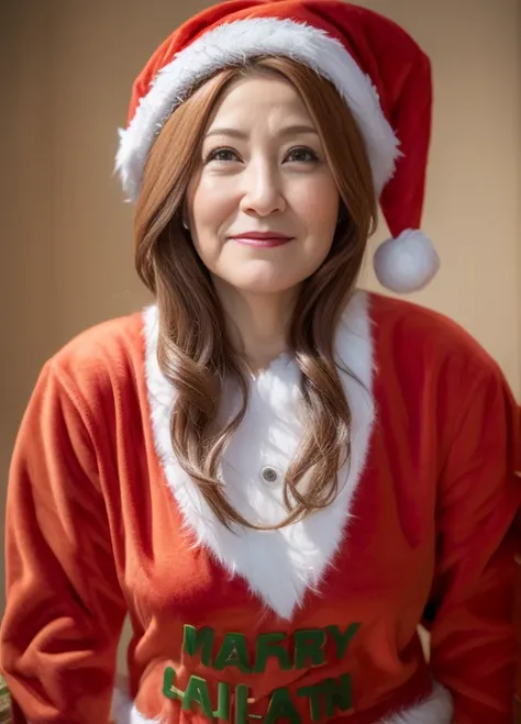 masutepiece,Best Quality, (Mature woman alone), ((Portrait:1.5)), ((Look down, Looking at the viewer)), makeup, Christmas,Christmas tree,(((Santa Claus Costume))), Wavy Hair, ((Seduction expression, Smile:0.3)),