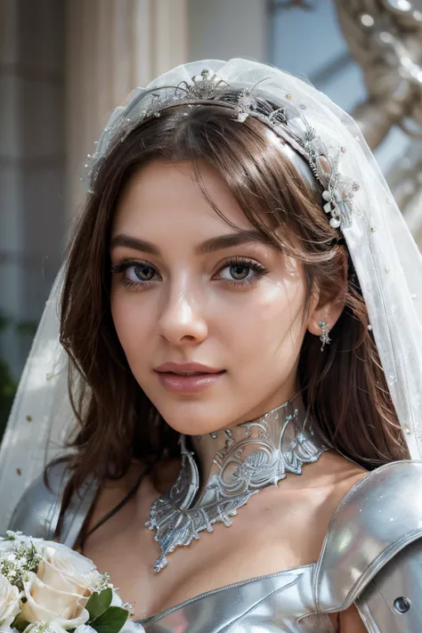 ultra-detailed, realistic robot bride, beautiful detailed eyes, beautiful detailed lips, long eyelashes, shiny metallic skin, delicate features, flowing white wedding gown, bouquet of roses, wedding veil, happy expression, soft natural lighting, romantic a...