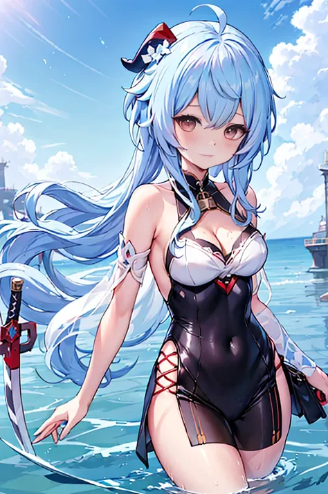 Anime manga girl，Long white hair and a sword in the water, translucent liquid from《Azure route》videogame, Kushatkrenz Important Women in the Arts, azur lane style, anime goddess, Very detailed ArtGerm, splash ink art anime loli, Detailed key animation art,...