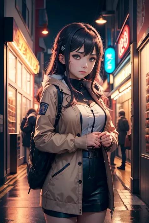 A woman standing outside a convenience store at night, Convenient store, Ikebukuro Higashi-Ikebukurocho station gaming, Tokyo anime anime scene, Steins;Gate stone gate, Dark whimsical scene, Visual novel CG, Standing outside a shop on a street corner, Madh...