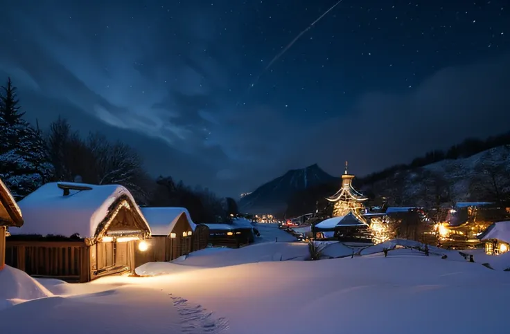 Fairy Tale Village，Village view，Lots of snow on the ground, magical village, well-lit building, Snowy winter, natta, blanketed in a mantle of snow, quaint village, snowy night, winter setting, Suffocating, very magical and dreamy, Shirakawa-go, jpn, It wil...