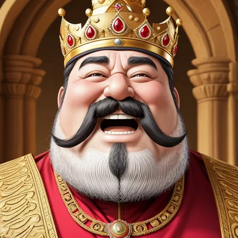 Goofy looking fat Ancient king facing the camera.
Funny face with a big smile.
Lack of beard,
Big huge mustache only.
Wearing royal crown and ornaments.
Photorealistic , landscape background ,canon r6, lens 80mm, realistic detail, upscale 8k