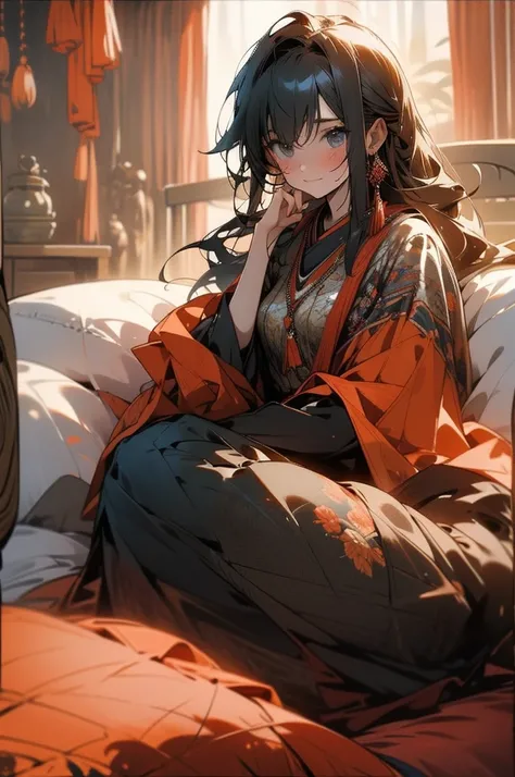 moe girl，Lying on a messy bed，perspired，Shy，Be red in the face, ancient traditional cloth