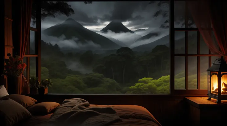 Heavy rain on the attic window in a cozy room in the rainforest at night, fireplace, the forest outside  very beautiful, trees, flowers, mountains, black cloudy sky