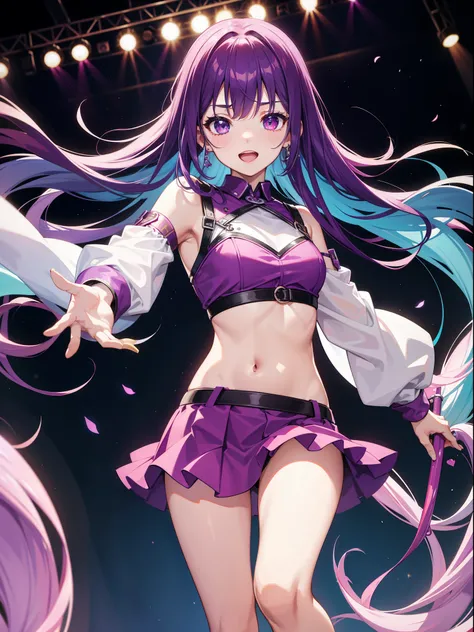 Young Girl, long bright purple hair, cyan eyes, ssmile, Opened mouth, pop idol, Red top, Purple skirt, open belly, stage, masutepiece, hiquality