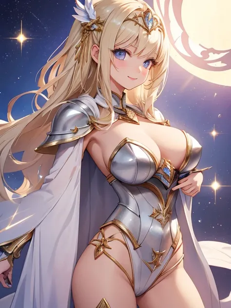 //Character 1girl, gurdian of the divine castle , slim and soft, medium large breast, ultra detailed face, innocent, round face, thin eyeblow, sparkly pupils, translucent skin, extra long hair, blonde hair, curly hair, straight bang, 
BREAK
 //Fashion Her ...