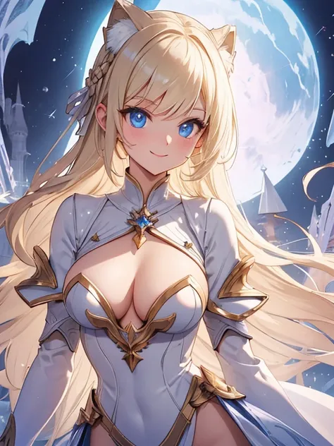 //Character 1girl, gurdian of the divine castle , slim and soft, medium large breast, ultra detailed face, innocent, round face, thin eyeblow, sparkly pupils, translucent skin, extra long hair, blonde hair, curly hair, straight bang, 
BREAK
 //Fashion Her ...