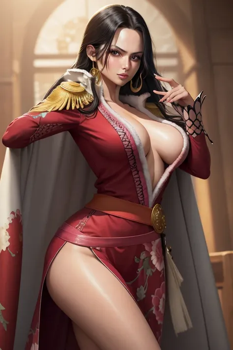 masterpiece, best quality, highres, hancock1, 1girl, boa hancock, large breasts, long hair, epaulettes, cape, side slit, cowboy shot, standing, looking at viewer, sexy pose, safe for work, hands behind, perfect finger,