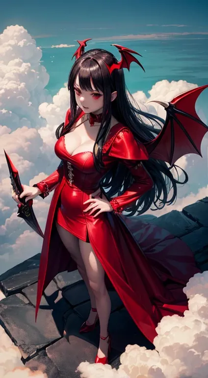 1 vampire Girl. Beautiful vampire girl. super beautiful body. red dress. red high heels. red shine. crown. ((vampire Wings)). sexy. (((standing on the cloud ))). Vampire horns. red eyes. powerful cool. Plump breasts. holding the gun of the law and the swor...