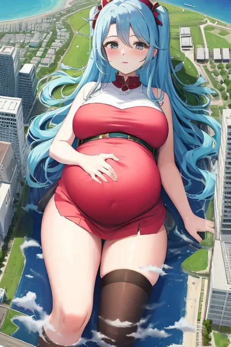 Giant maiden，Moe two-dimensional style，Pregnancy status，Round belly，Gaze at the bustling city, Lying down