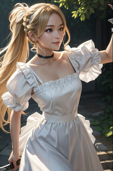 8K、of the highest quality、masutepiece、超A high resolution、(Photorealsitic:1.4)、1 maid、maid with sword,blonde short perm hair、small breasted maid,Super beauty(Like the real thing)Ruffled headband、poneyTail、Braided hair、frilled blouse、Ribbon Ties、 Pinnafor、lo...