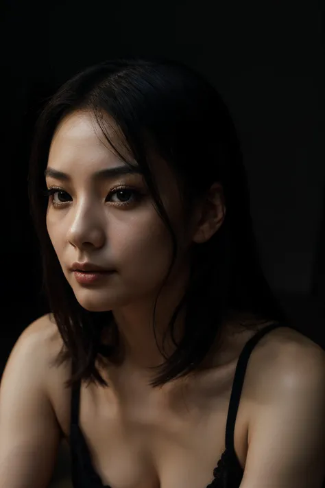 A Chinese woman, 35yo, Beautiful and intellectual, professional photo shooting, Face details, The face thinner, dark theme, dark markup, atmosphere lighting. sexy, seductive,  peaceful, serene