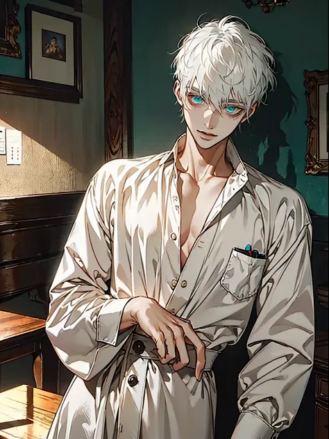 Masterpiece, best quality, high quality, ultra detailed, Ultra Detail, high Quality, sketch, 1boy, matured male, Beautiful face, White hair, Handsome men, Pearl skin, White shirt, Turquoise eyes, Like a cats eye, male in his 20s, Relax at home