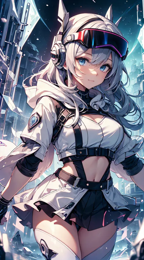 top-quality、Top image quality、​masterpiece、teens girl((White and blue hoodie、Black skirt、18year old、 Ager、Best Bust、big bast,Beautiful light blue eyes, Long silver hair、A slender,Large valleys、Reflecting the whole body、Leaning forward、Attach the VR visor t...