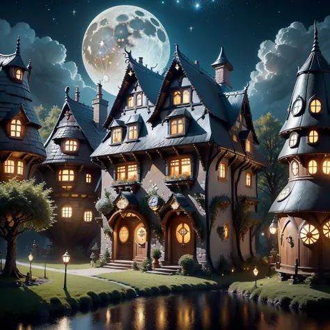 (tmasterpiece),（ultra - detailed：1.3），Best quality，（Sparkling:1.2），themoon，As estrelaairy Tale Village），(Grimm&#39;s fairy tale style buildings: 1.5),（Very meticulous，Reasonable design，Clear lines，High- sharpness，tmasterpiece，offcial art，movie light effect...