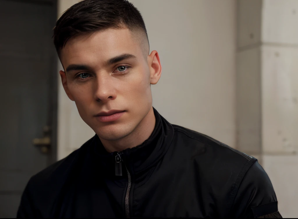 23 year old cute male, handsome, cillian murphy (black short buzz military haircut, fade haircut, small nose, chad jawline, big dark eyes, athletic, well built, fit,) upper body selfie from hand, wearing black tracksuit jacket, seductive smile