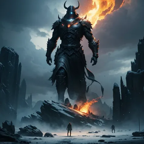 One warrior silhouettes standing in front of  giant old rock statue of devil standing straight, statue build of rock, concept art wallpaper 4k, sci-fi fantasy wallpaper, sci fi artwork, detailed sci-fi art, beautiful sci fi art, dark clouds, concept art ar...