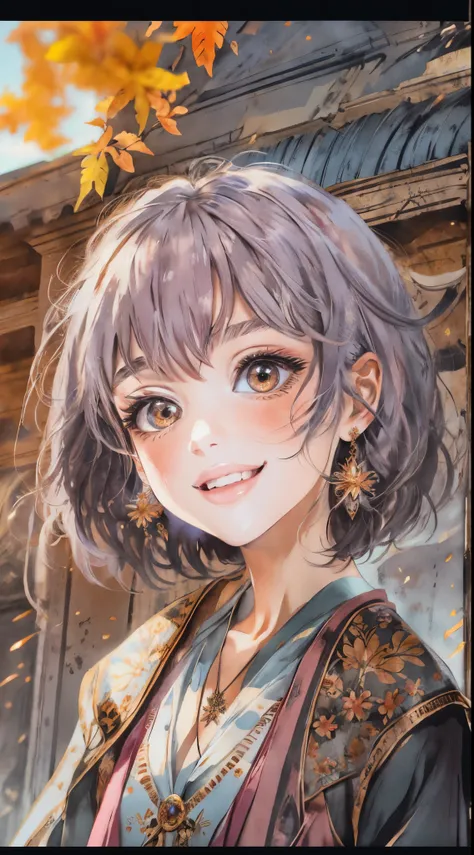 A girl with short gray hair, bright eyes, a cheerful smile, a joyful expression, a slender figure, a two-piece fantasy-realistic style jacket, short skirt that matching the outfit, barefoot, she happily leaps in front of a fantasy-style ancient ritual buil...