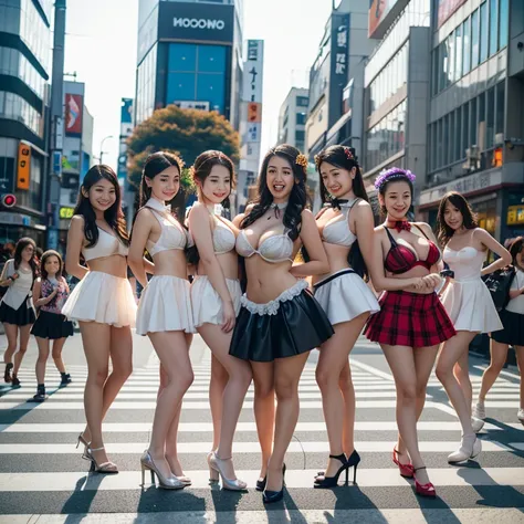 (nudity, explicit, :1.1) (((SFW, 12 Tiny Girls in a row:1.2, Shibuya Hachiko-mae scramble crossing on Halloween:1.2))), (masterpiece:1.2, best quality, photorealistic:1.37), {(Standing Full Body:1.2)|(from below:1.2)}, short silver hair, {nude, tutu}, (Det...