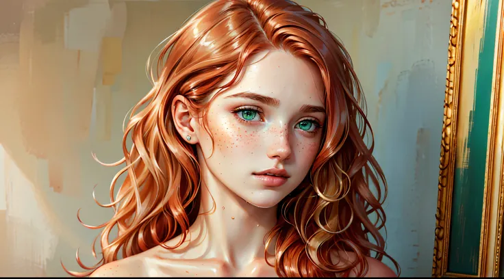 (high quality,portrait,painting),(soft skin,smooth complexion),detailed eyes fine texture,dewy lips,(natural lighting,soft light),subtle blush,sublime expression,wavy hair,neutral backdrop,subtle colors,delicate brushstrokes, beautiful, woman, redhead, lon...