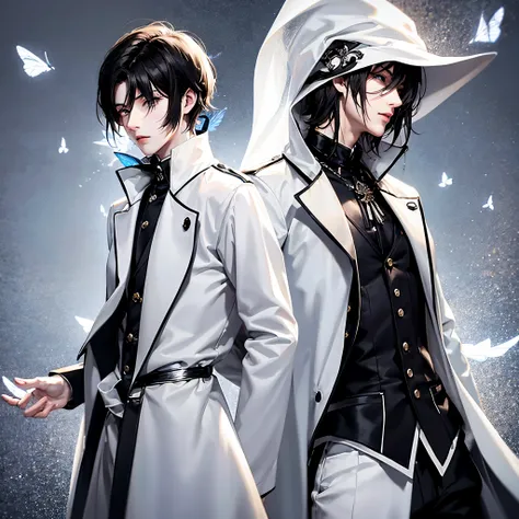 anime guy, an elegant anime guy, white trench coat made of black and white fabric, transparent curtains, sunset colors, fleeting and fluttering fabric, silver butterflies